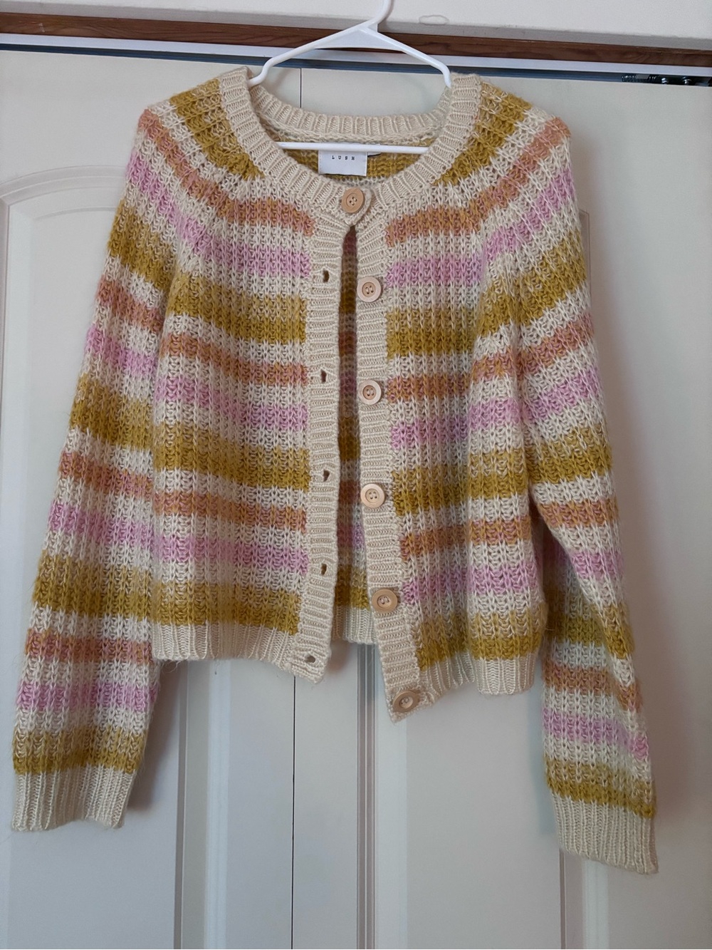 Lush Cream Cardigan with Pink & Mustard Stripes